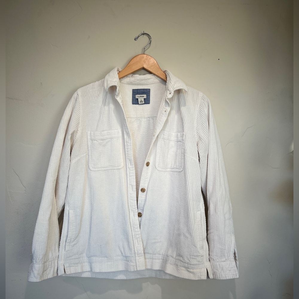 Vintage LL Bean Comfort Corduroy Long Sleeve Button Up Shirt Jacket Ivory Size S